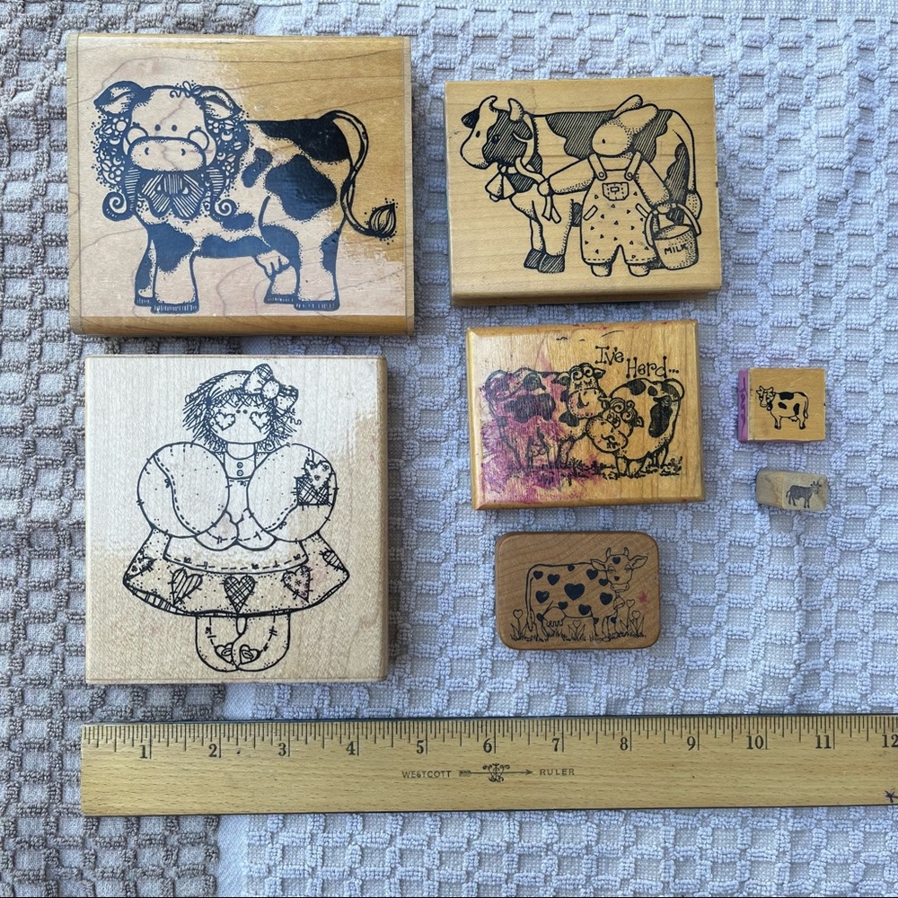 Vintage Rubber Stamp Lot country, farm, doll, cows stamps